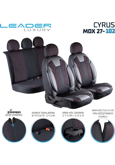 Kia Sportage Uyumlu Deri Detaylı Oto Koltuk Kılıfı Ön Arka Takım Cyrus Siyah Kırmızı