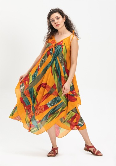 Askılı Vual Afrodit Midi Boy Elbise Hardal 6150