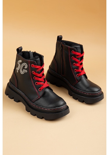 ŞirinGenç Ortopedik Bağlı Fermuarlı Deri Kırmızı Kız Çocuk Bot-2131 Kırmızı