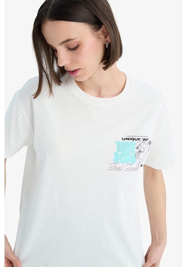 DeFacto Coool Oversize Geniş Kalıp Bisiklet Yaka Baskılı Kısa Kollu Tişört F2241AX25SMWT32