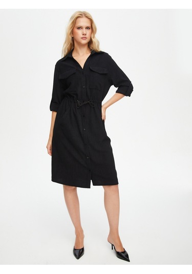 Kendinden Dokulu Şönil Gömlek Elbise 69228 U6922810 Siyah