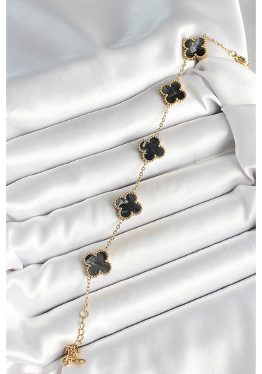 Zarif Kadın İçin Golden Çelik Sedefli Siyah Yonca Bileklik