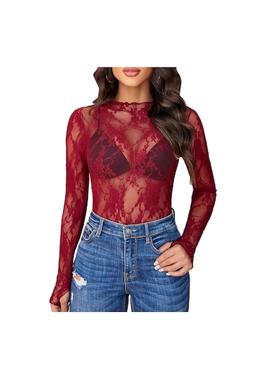 Kadın File Üst Uzun Kollu Balıkçı Yaka Şeffaf Bluz Şeffaf Çiçek Dantel Üstler Şarap Kırmızısı Kadın File Üst Uzun Kollu Balıkçı Yaka Şeffaf Bluz Şeffaf Çiçek Dantel Üstler Şarap Kırmızısı