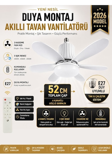Tavan Vantilatör Kumandalı Sessiz 6 Kanatlı Işıklı E27 Duy Modern Led Aydınlatma Yeni Nesil