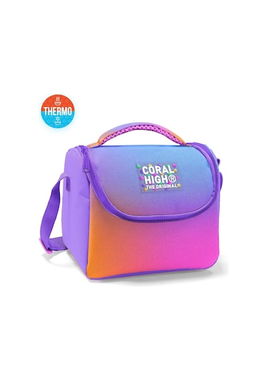 Coral High İlkokul Kız Çocuk Okul Beslenme Çantası, Turuncu Mor Renk Geçişli, Termoslu Isı Yalıtımlı Mavi - Turuncu