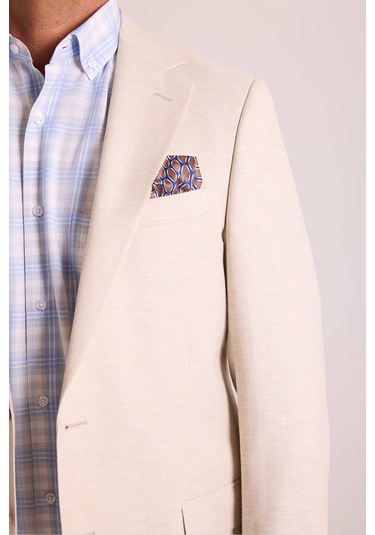 Erkek Bej Regular Fit Mono Yaka Keten Ceket 001