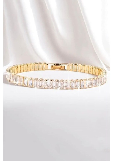 Kadın 316 L Çelik Vip Seri Antialerjik Baget Zirkon Taşlı Su Yolu Bileklik Ölçüleri 17cm + 3 Cm Uzatma 7 Mm Taş Boyutu-5210 Altın
