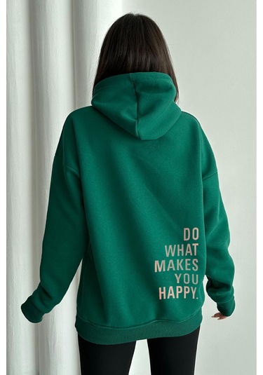 Kadın Yeşil Do What Makes You Happy Baskılı Oversize Kapüşonlu Sweatshirt Yeşil