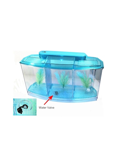 Vkemall 3 Bölmeli Akrilik Akvaryum, Betta Balıkları İçin Yalıtımlı, Led Işıklı, Temiz Alt Izgara, Mavi Bbt4s