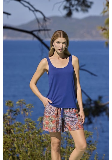 Monamise Kadın Etnik Desenli Oyuk Yaka Askılı Alt Üst Takım 25030 Saks