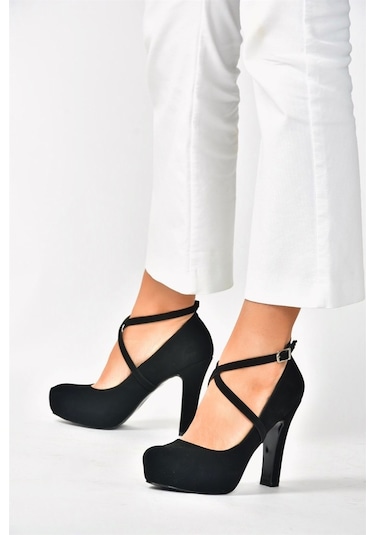 Fox Shoes Siyah/Siyah Nubuk Platform Topuklu Kadın Ayakkabı M3480 (539484041)