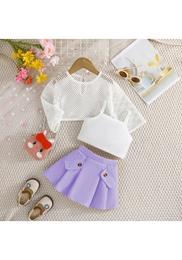 Mor Çocuk Giyim Kız Setleri Oymak Üst + Cami Üst + Haki Etekler 3 Adet Yaz Takım Elbise Setleri Kızlar Için 12M-6Y Çocuk Giysileri 12M-6Y Mor