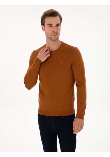 Cacharel Karamel Slim Fit Yün Karışımlı Bisiklet Yaka Basic Triko Kazak Kahverengi