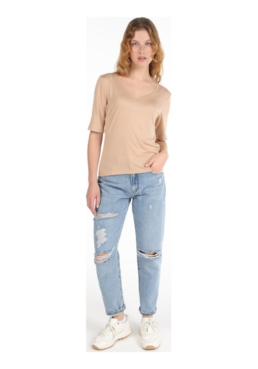 Colin's Colins Regular Fit V Yaka Basic Bej Kadın Kısa Kol Tişört Cl1065178 Bej