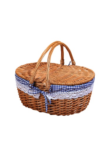 Homyl Piknik Sepeti Kırsal Pratik Hasır Depolama Park Açık Mavi Kareli Çok Renkli