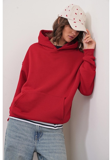 Mixray 2022 Unisex 3iplik Basic Polarlı Kapüşonlu Sweatshirt Hoodie Kırmızı Kırmızı