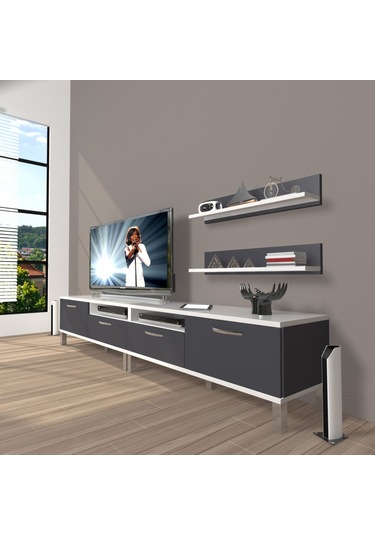 Decoraktiv Eko 200r Mdf Krom Ayaklı Tv Ünitesi Tv Sehpası Beyaz - Antrasit