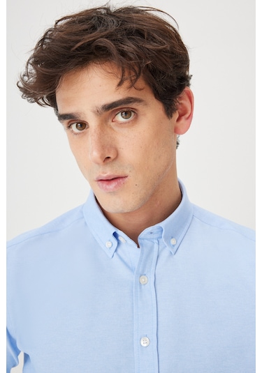 AC&Co / Altınyıldız Classics Tailored Slim Fit Dar Kesim Düğmeli Yaka Oxford Erkek Gömlek Mavi