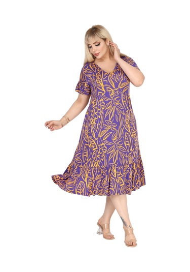 Melsay Butik Göğüsten Robalı V Yaka Kısa Kollu Mor Yaprak Desen Cepli Elbise Mor