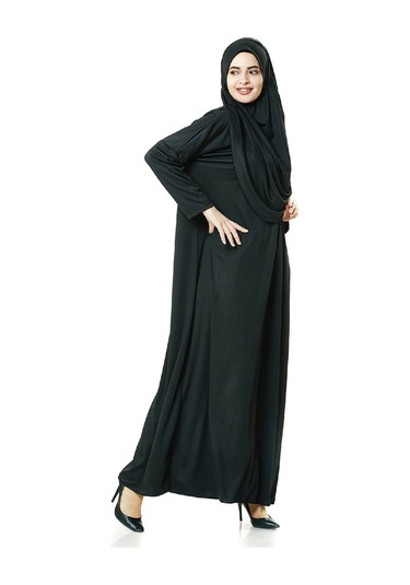 Pratik Başörtülü Tek Parça Namaz Elbisesi Ve Seccade Seti Siyah Siyah