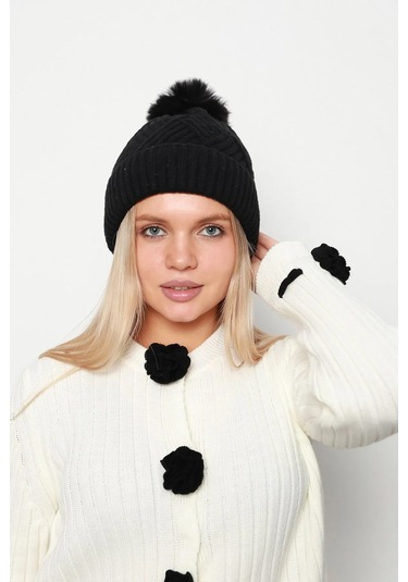 Kalın Ponponlu İçi Yünlü Kadın Bere 1140 Rkş-17 Siyah Siyah