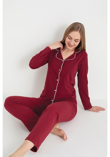 Kadın Bordo Düğmeli Uzun Kol Pijama Takımı Kırmızı