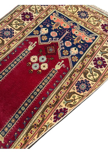 El Dokuma Vintage Eskitme Bünyan Halısı Seccade 86x130 Kırmızı Krem Kırmızı