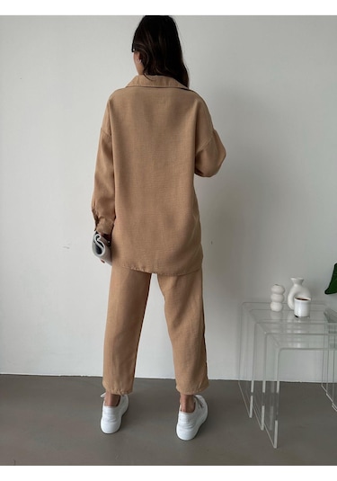 Kadın Oversize Keten Gömlek Pantolon Alt Üst Takım Camel