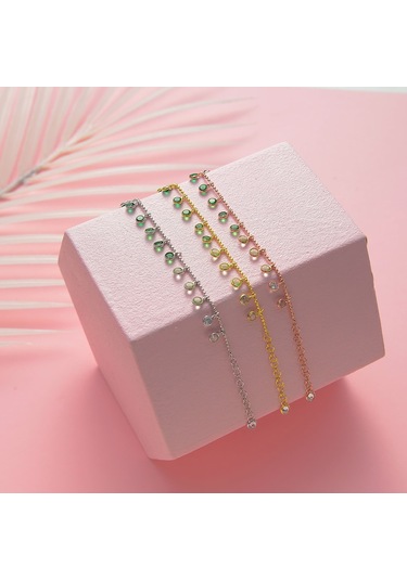 Queen Silver Jewelry 925 Ayar Gümüş Yeşil Renk Geçişli Top Zincirli Bileklik Altın