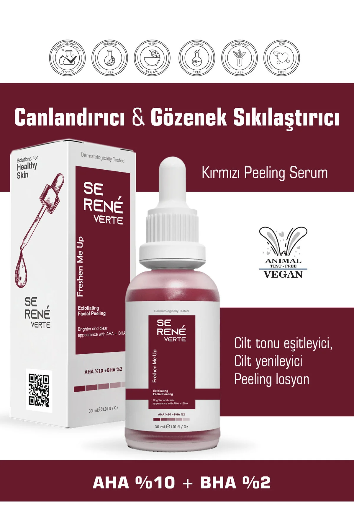 Se Rene Verte Canlandırıcı & Gözenek Sıkılaştırıcı Kırmızı Peeling Cilt Serumu 30 Ml Aha 10% + Bha 2%