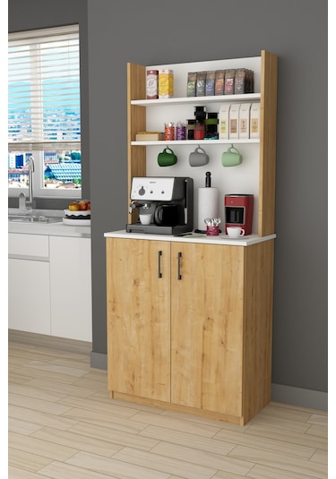 %100 Mdflam Kahve Köşesi Çok Amaçlı Mutfak Dolabı Kahve01 Beyaz - Safir Meşe Beyaz - Safir Meşe
