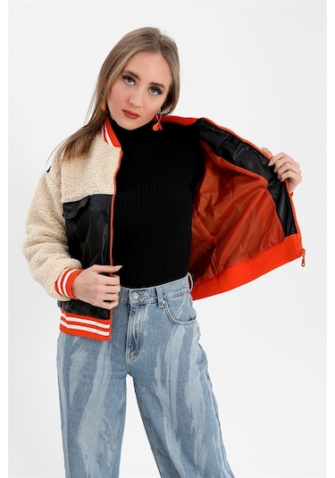 Beli Lastikli Nakışlı Derili Peluş Ceket Mont - Siyah-siyah Siyah