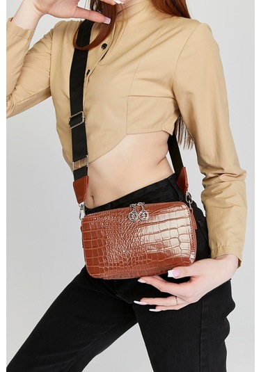 Morpelikan Taba Kroko İki Bölmeli Kadın Omuz Çantası Taba