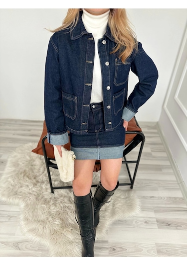 Keymoda Kadın Denim Etek Ceket Takım Mavi Mavi