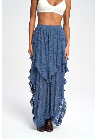 Mireya Asimetrik İndigo Dantel Etek İndigo