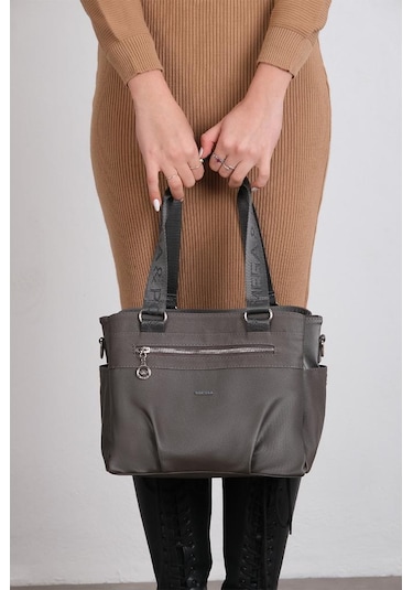 Kadın Omuz Çantası Saten Kumaş 35 25 Cm Çapraz Askılı Postacı Çanta Mega Bag Vegan Deri Kol Çantası Gri