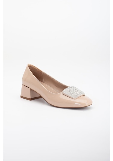 Büyük Numara Rugan Kare Taşlı Ten Kadın Kısa Topuklu Ayakkabı-3148-ten Ten