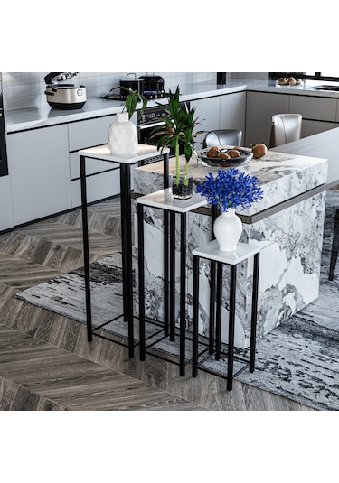 Dekoratif Saksılık 3'lü Takım - Metal Ayaklı Saksı Standı Yan Sehpa Beyaz