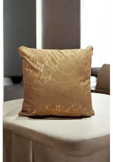 Altın Varak Desenli Dekorafit Tekli Kırlent Kılıfı 42x42 Cm Şık Ve Zarif Tasarım Kahverengi