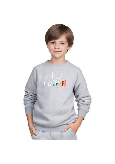 Erkek Çocuk Bisiklet Yaka Next Level Baskılı Eşofman Takımı Gri