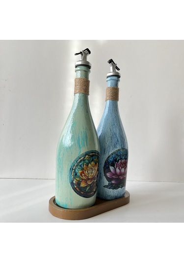 Lotus Çiçeği Desenli Sunum Stantlı 2'li 750 Ml Yağlık Sirkelik