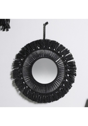 Pazly Yuvarlak Suntek Saçak Püskül-24cm Makrome Magideal Boho Ayna Asılı Jw Siyah