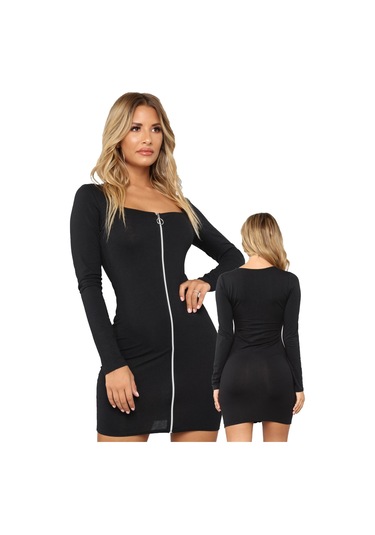 Fermuarlı Mini Elbise Siyah