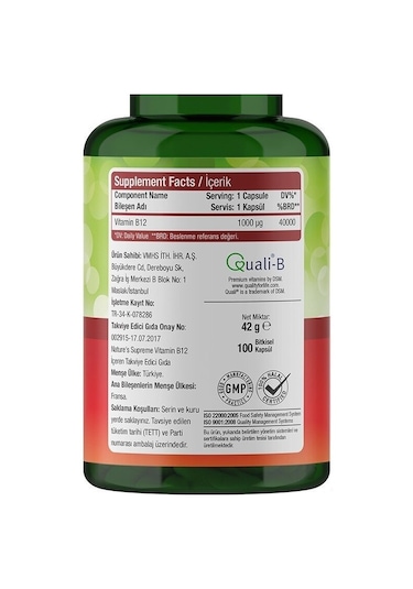 Natures Supreme Vitamin B12 1000 Mcg 100 Kapsül Aromasiz