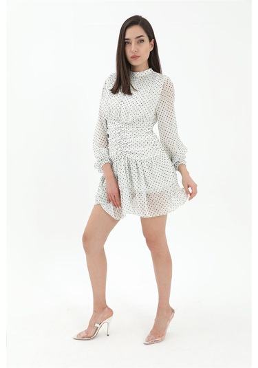 Büzgülü Puantiyeli Şifon Elbise - Ekru-ekru Ekru