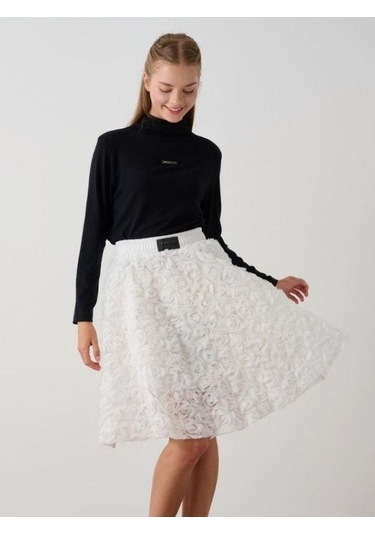 Kız Çocuk Beli Lastikli Gül Desenli Etek-14787 Ekru