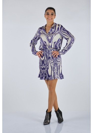 Explosion Uzun Kol Pileli Midi Kadın Elbise - Şık Ve Rahat Mor