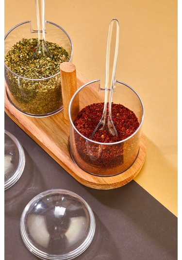 Kaşıklı Şeffaf Kapaklı Ahşap Standlı 2'li Kavanoz Baharat Seti ŞEffaf