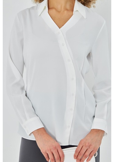 Asimetrik Pile Detay Gömlek Ekru Ekru