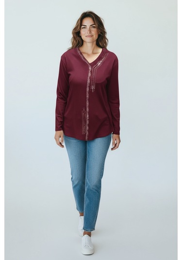 Kadın Önü Kapalı Düğme Detaylı Taşlı Nergis Mevsimlik Bluz Bordo
